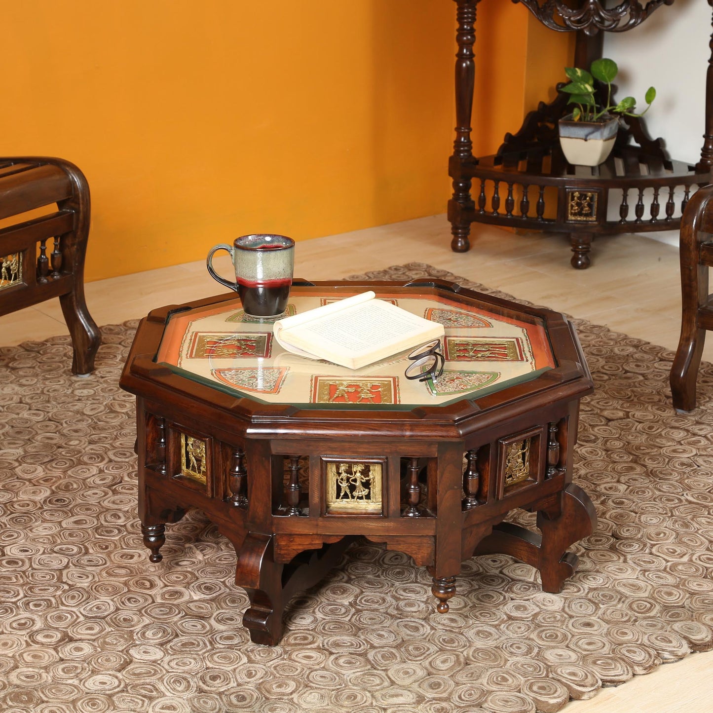 Elba Solid Teakwood Octagonal Coffee Table – 24-Inch Traditional Walnut Finish Center Table with Dhokra Metalcraft and Hand-Painted Art
