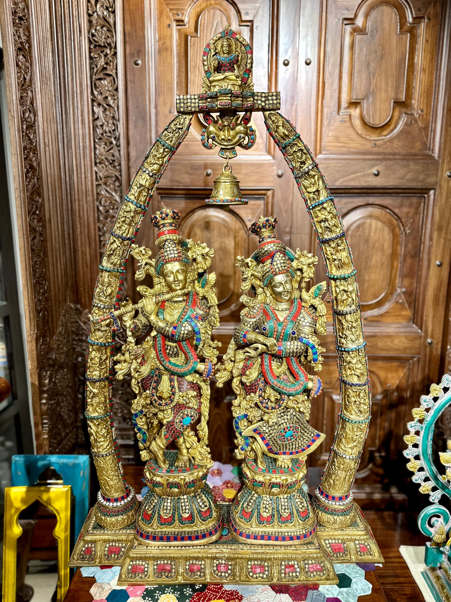 Brass RadhaKrishna with Tusks Stonework 45"