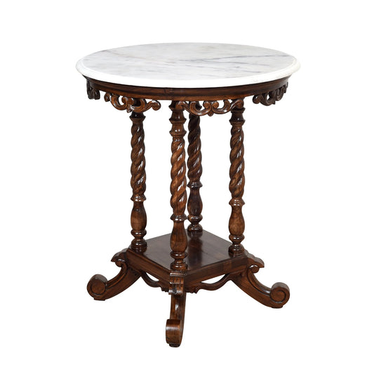 Fiona Premium Teakwood End Table – 24-Inch Round White Marble Top & Walnut Finish