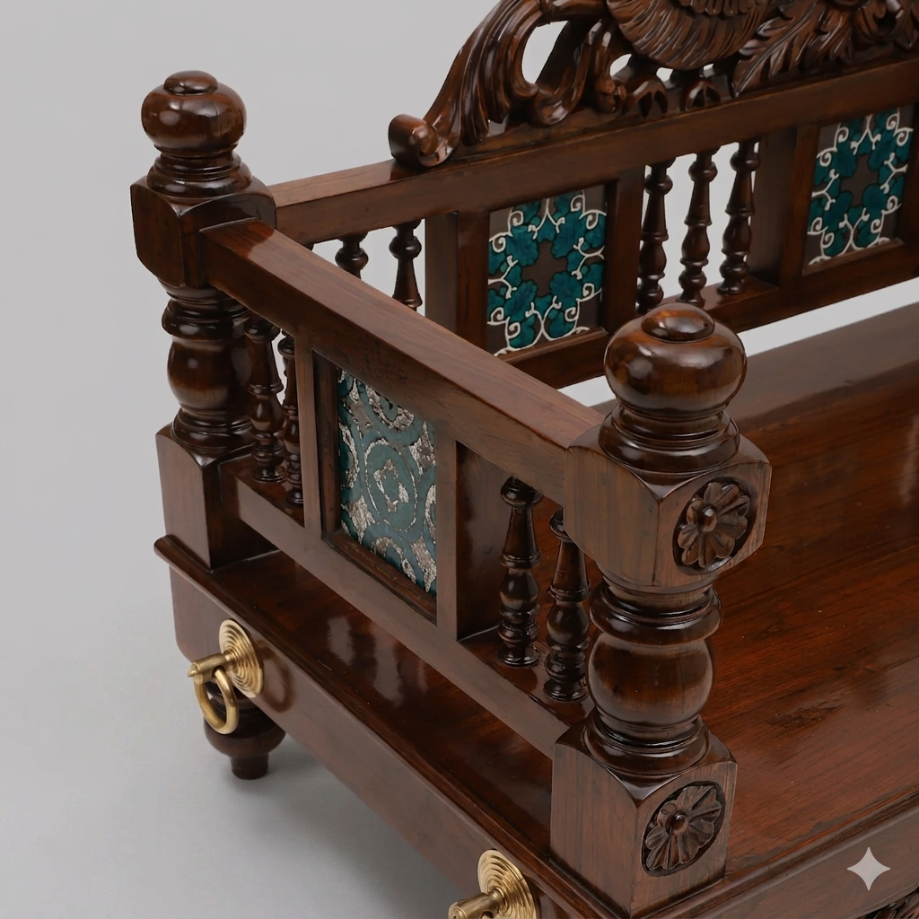 5ft Hand-Carved Teakwood Jhula Seat with Peacock Crest and Floral Tiles