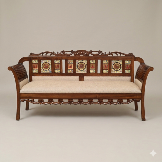 Alpa Premium Teakwood 3 Seater Sofa – Handcrafted with Dhokra Brass & Madhubani Art