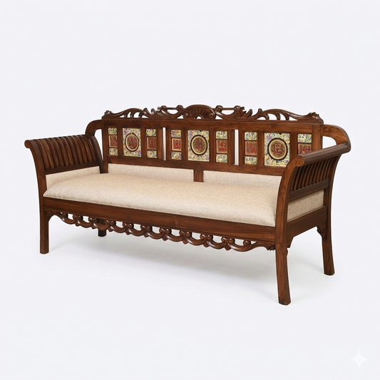 Alpa Premium Teakwood 3 Seater Sofa – Handcrafted with Dhokra Brass & Madhubani Art