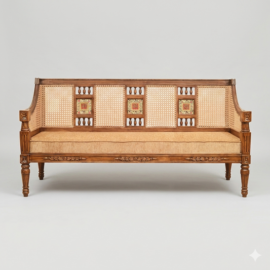 3 Seater Teakwood Sofa with Madhubani Art, Dhokra Brass, and Natural Cane | Tulip