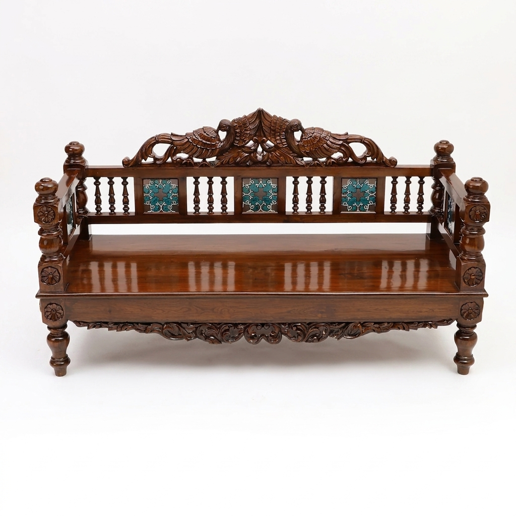 5ft Hand-Carved Teakwood Jhula Seat with Peacock Crest and Floral Tiles