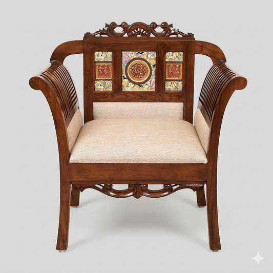Alpa Premium Teakwood Single Sofa – Handcrafted with Dhokra Brass & Madhubani | Walnut Finish