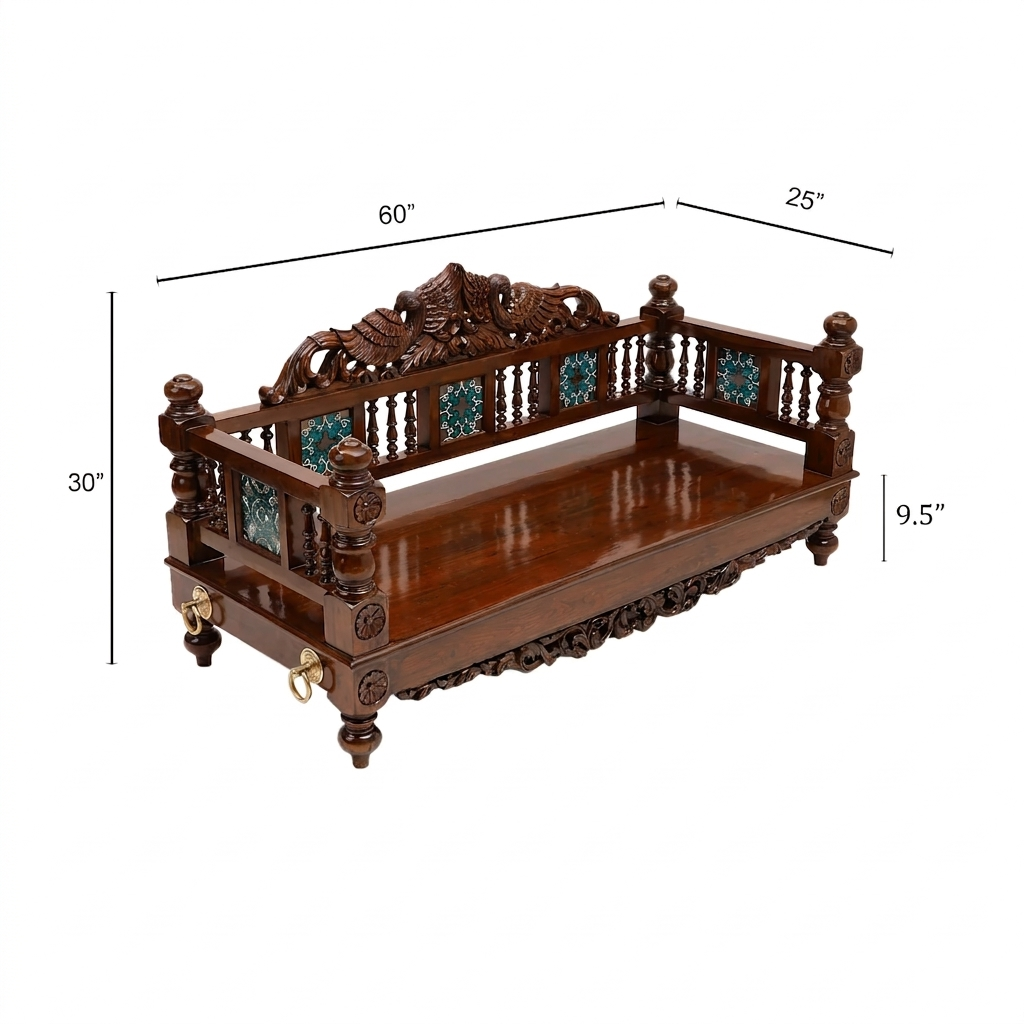 5ft Hand-Carved Teakwood Jhula Seat with Peacock Crest and Floral Tiles