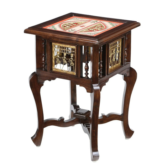 Harbi Premium Teakwood End Table – 16-Inch Square Accent Table with Warli & Dhokra
