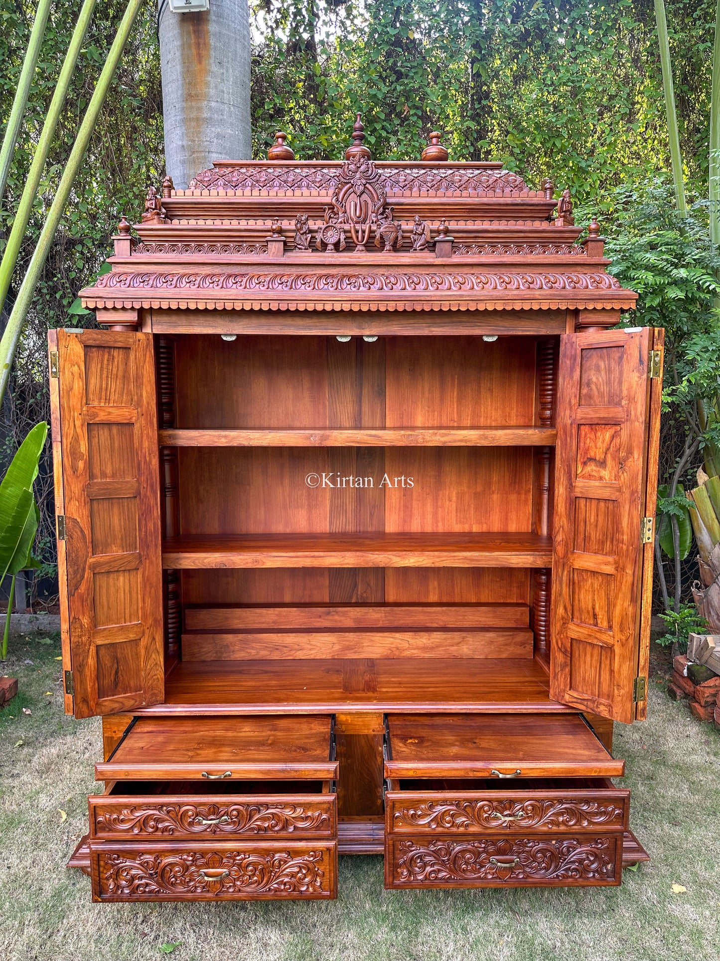 Teakwood Carved Mandir w Storage | Dasavtar | 8 ft