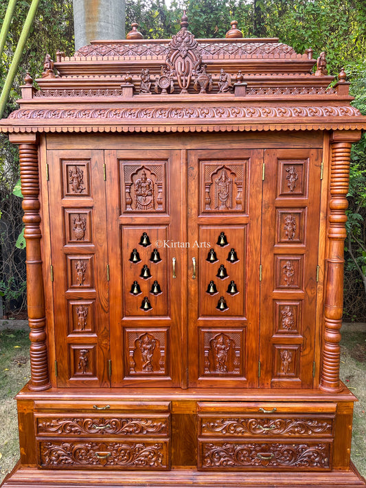 Teakwood Carved Mandir w Storage | Dasavtar | 8 ft