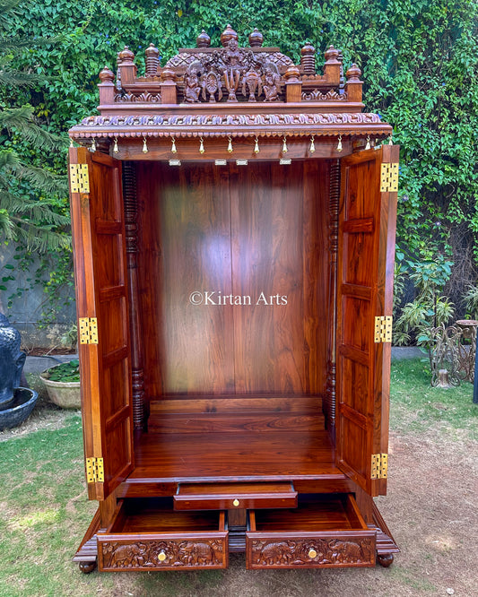 Teakwood Cupboard-Style Home Mandir 96" | Dashavatar Carvings