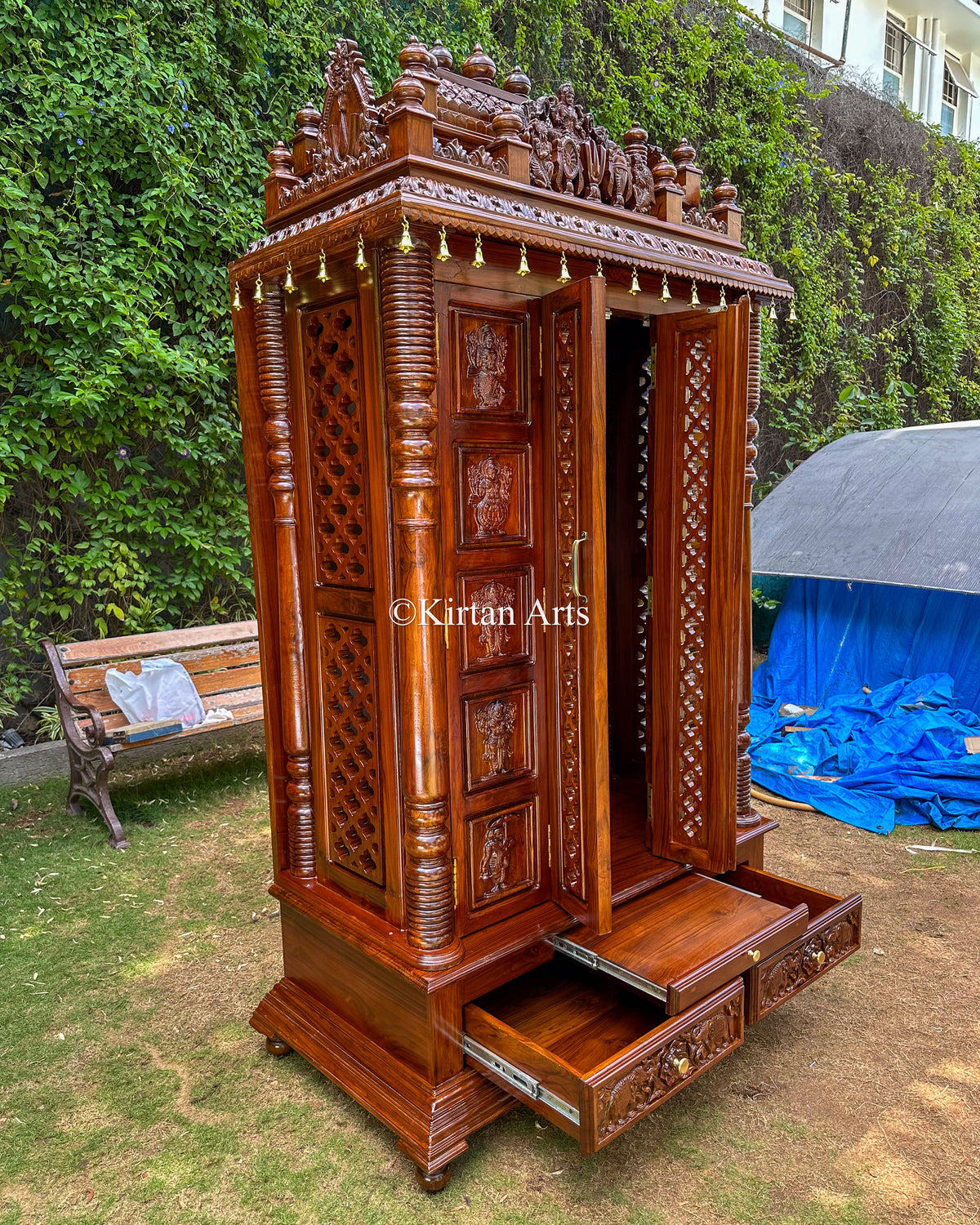 Teakwood Cupboard-Style Home Mandir 96" | Dashavatar Carvings