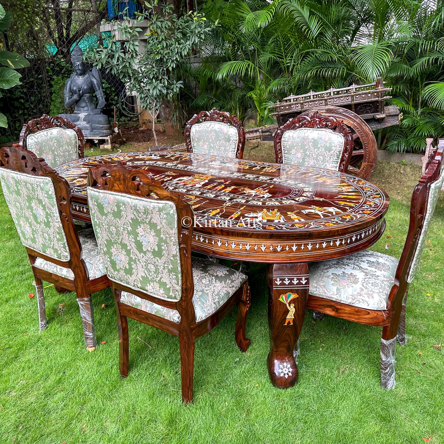 Mysore Rosewood Inlay 6-Seater Oval Dining Table Set (7x4 ft)