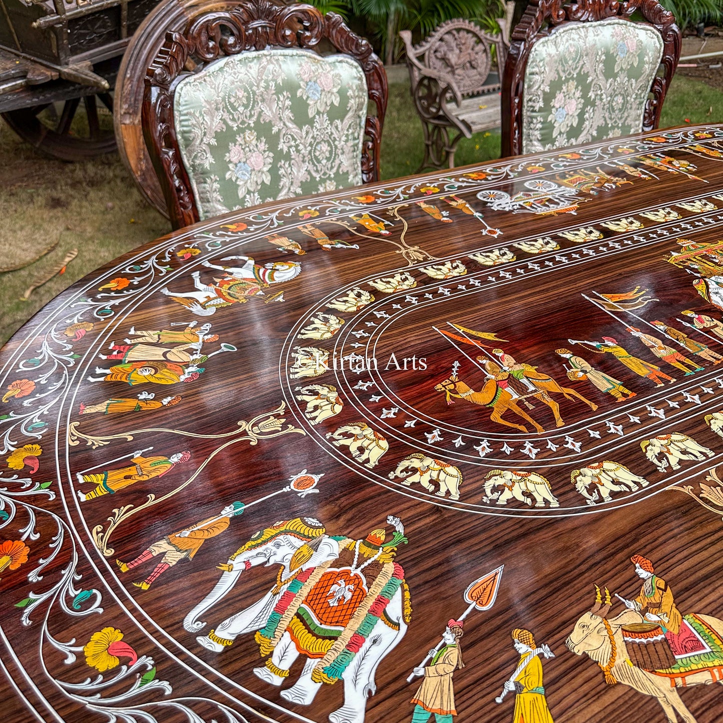 Mysore Rosewood Inlay 6-Seater Oval Dining Table Set (7x4 ft)