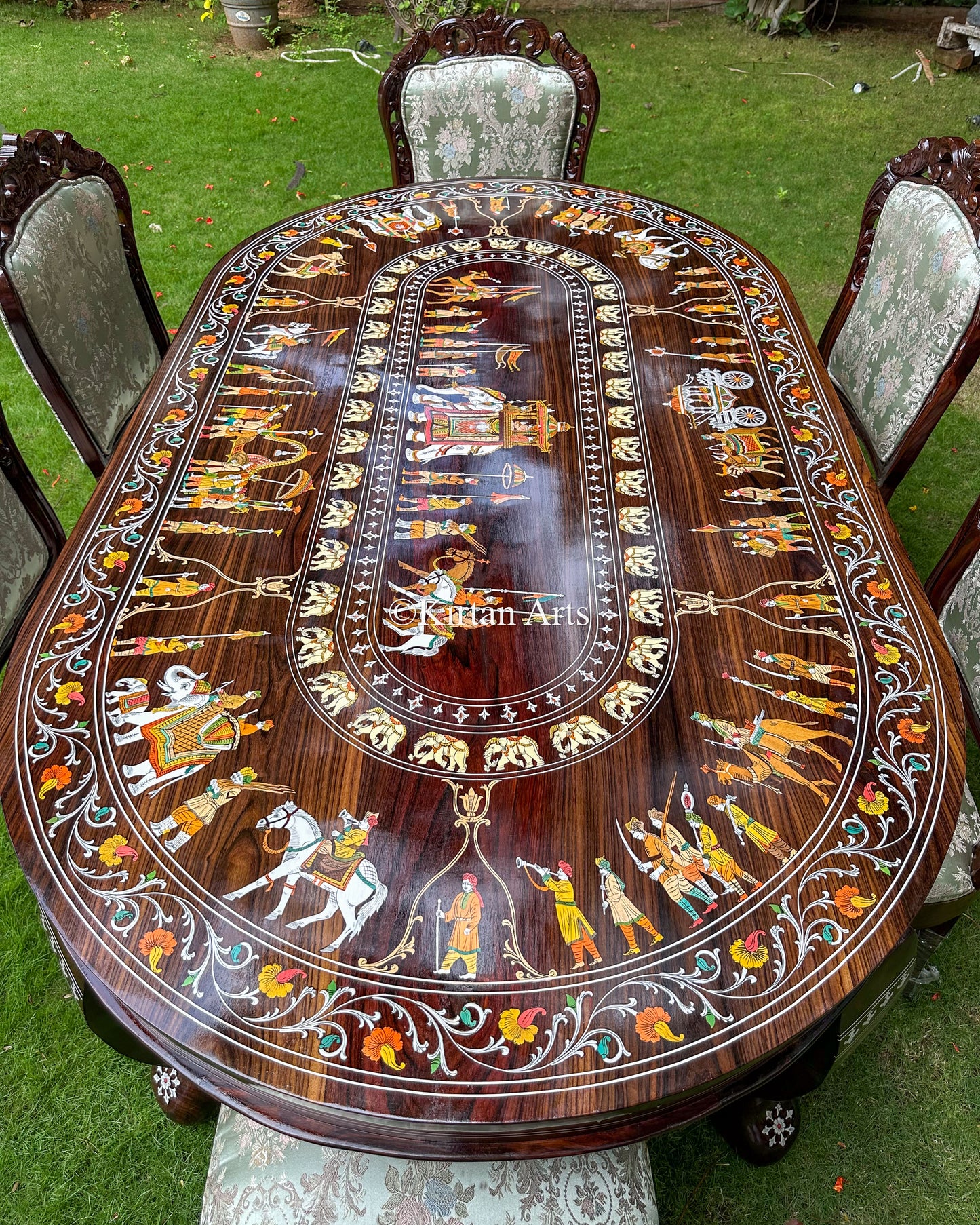 Mysore Rosewood Inlay 6-Seater Oval Dining Table Set (7x4 ft)