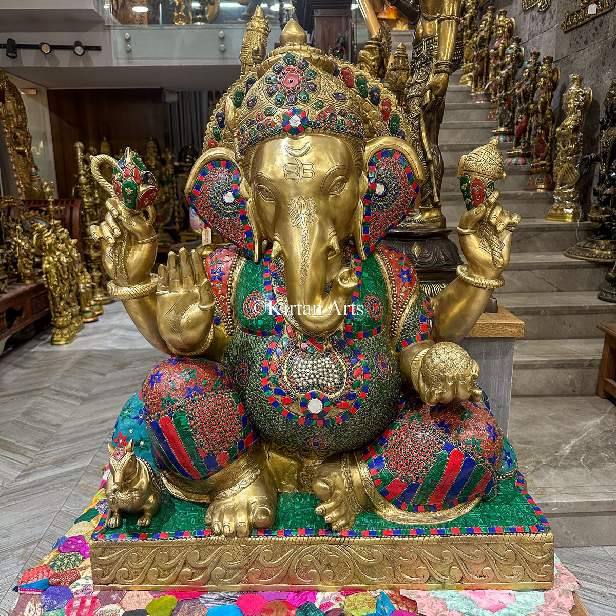 Large Brass Lord Ganesha Statue 33" | Meenakari Stonework