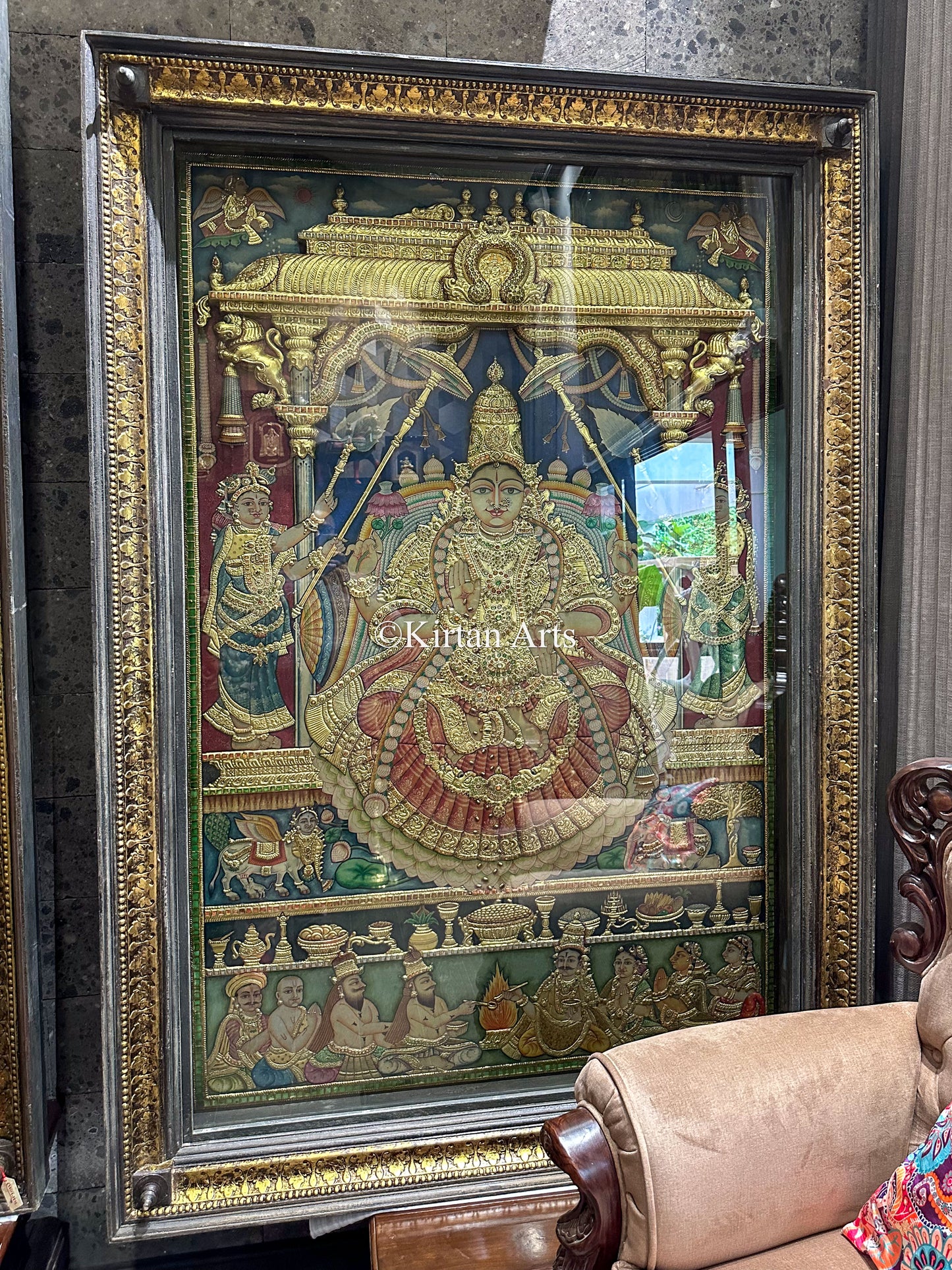 Goddess Lakshmi Devi Tanjore Painting | Antique Finish | 3D Super Embossed | 6.5x4.5 ft | 22k Gold |
