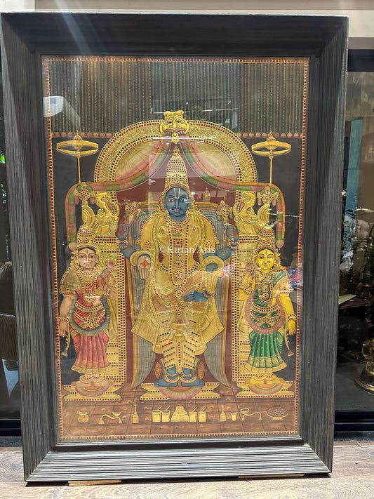 Lord Vishnu w Sridevi and Bhudevi Tanjore Painting | Antique Finish | 6x4ft | 22k Gold