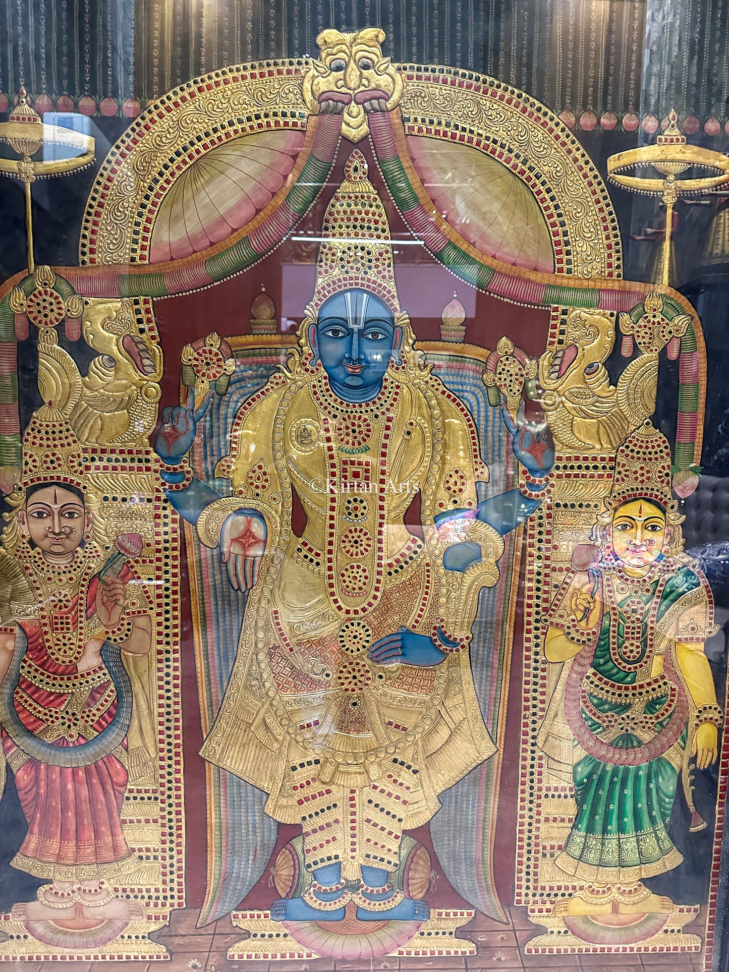 Lord Vishnu w Sridevi and Bhudevi Tanjore Painting | Antique Finish | 6x4ft | 22k Gold