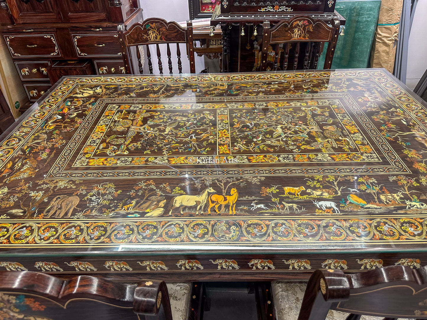 Rosewood Dining 6 Seater Set | Jungle Theme Inlay | 6x4 ft
