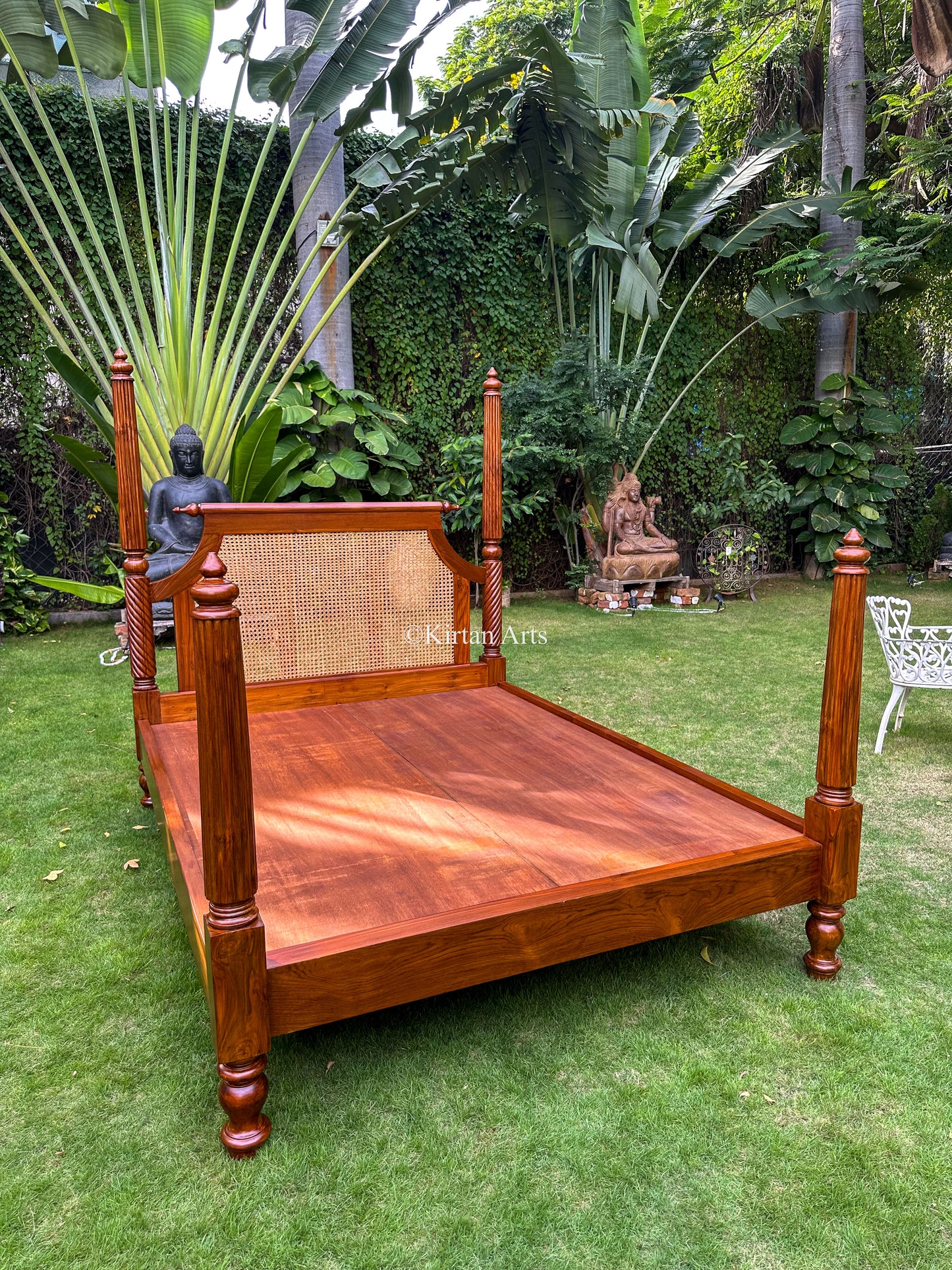 Teakwood Queen Poster Bed | Rattan Work | 6.6x5 ft