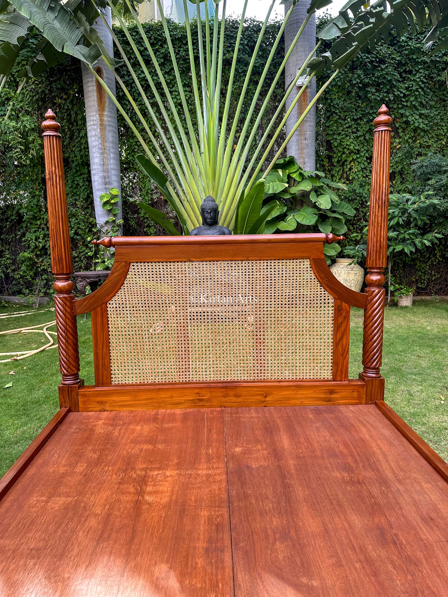 Teakwood Queen Poster Bed | Rattan Work | 6.6x5 ft