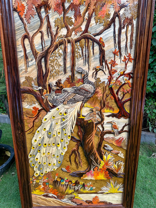 Embossed  Rosewood Peacock Art Panel | Wooden Art | 6x3 ft