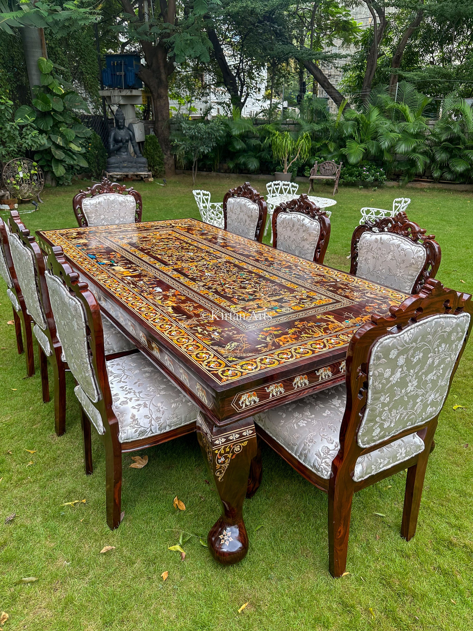 Rosewood Dining Seater Set Jungle Theme Inlay 8x4 ft