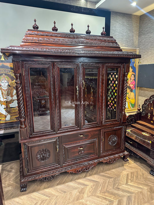 Rosewood Puja Mandir | Glass Doors | Storage | 5ft