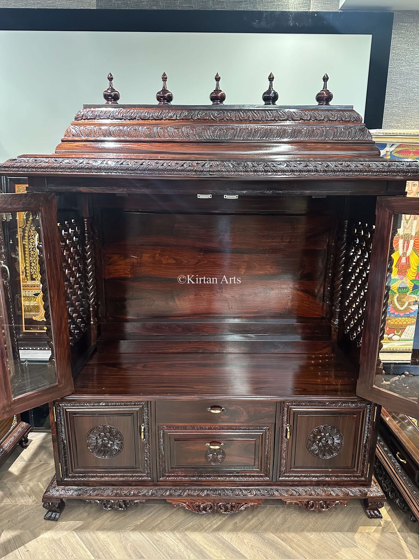 Rosewood Puja Mandir | Glass Doors | Storage | 5ft