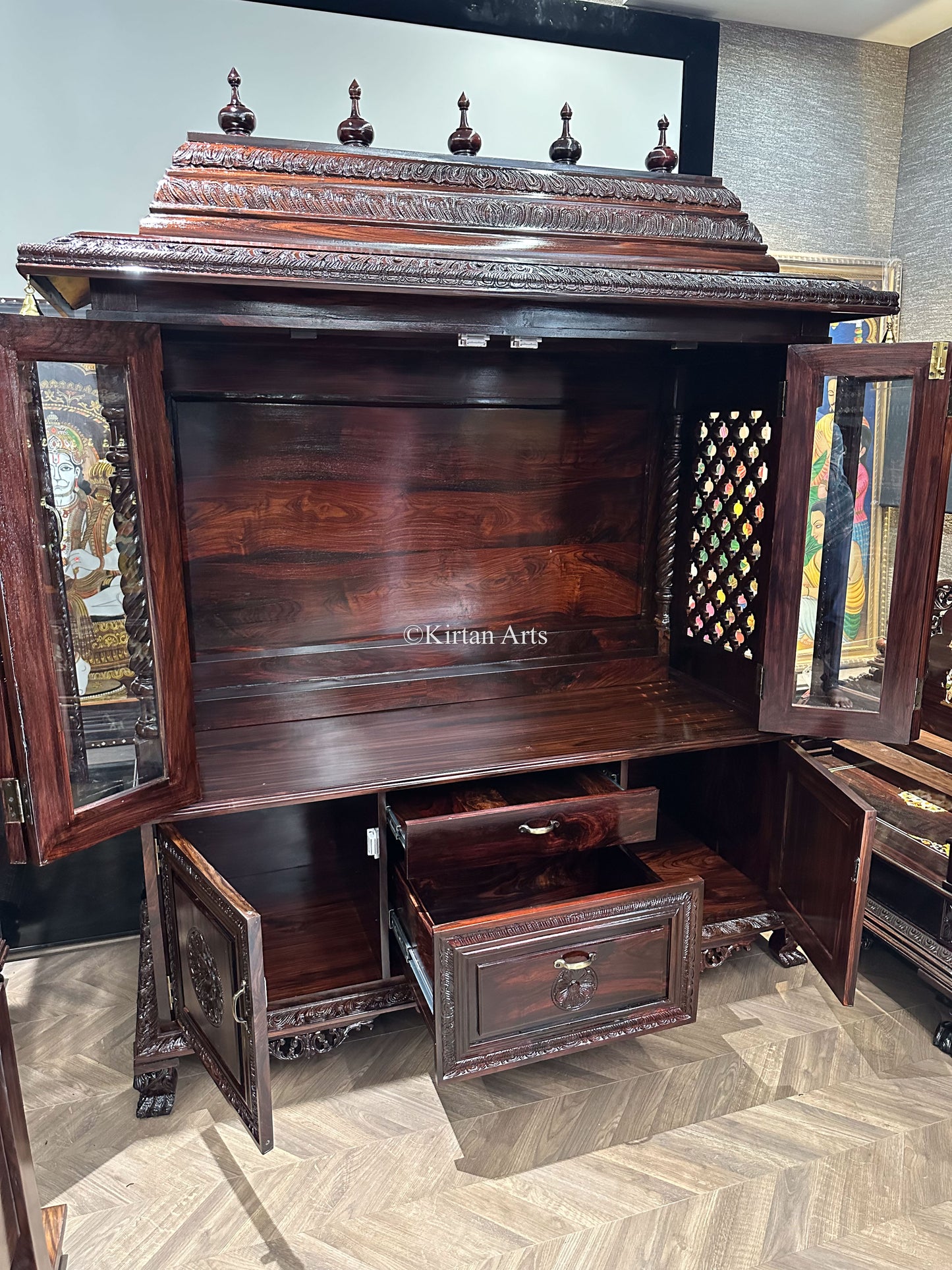 Rosewood Puja Mandir | Glass Doors | Storage | 5ft