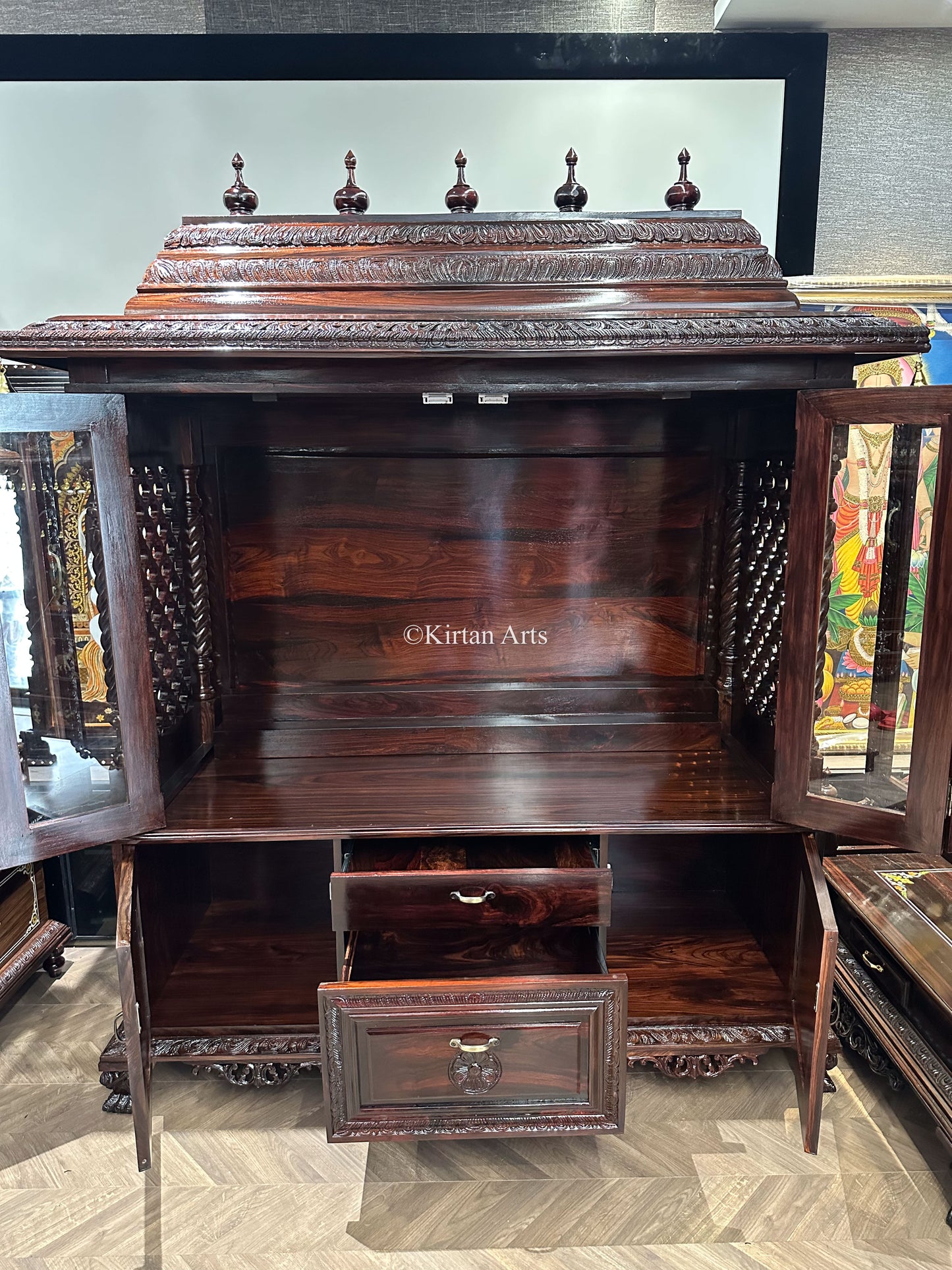 Rosewood Puja Mandir | Glass Doors | Storage | 5ft