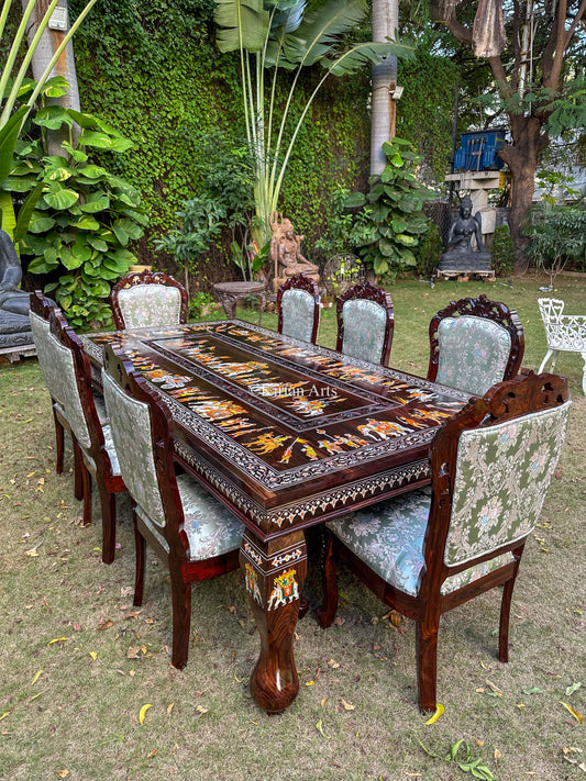 Rosewood Dining Table Set | 8 Seater | Royal Procession Inlay Work | Floral Carvings | 8x4 fft