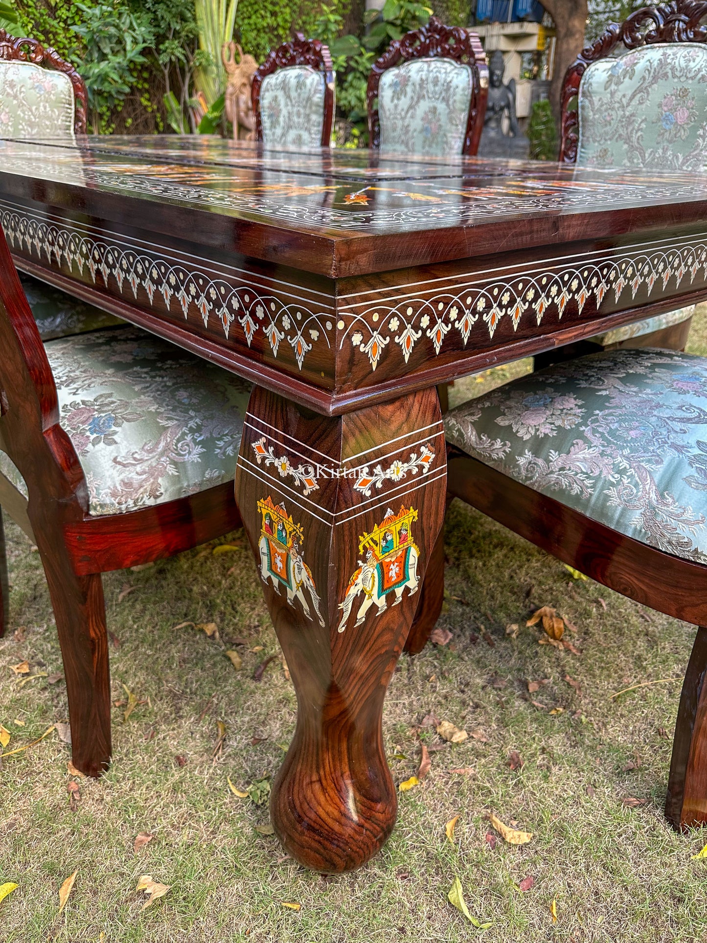 Rosewood Dining Table Set | 8 Seater | Royal Procession Inlay Work | Floral Carvings | 8x4 fft