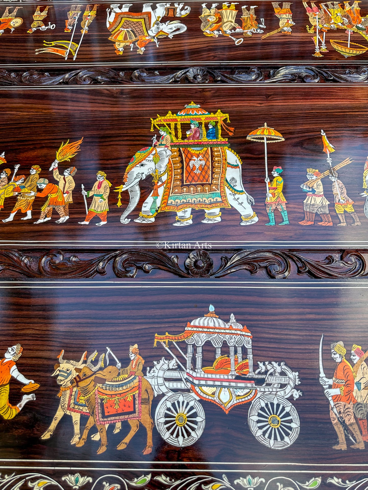 Rosewood Dining Table Set | 8 Seater | Royal Procession Inlay Work | Floral Carvings | 8x4 fft