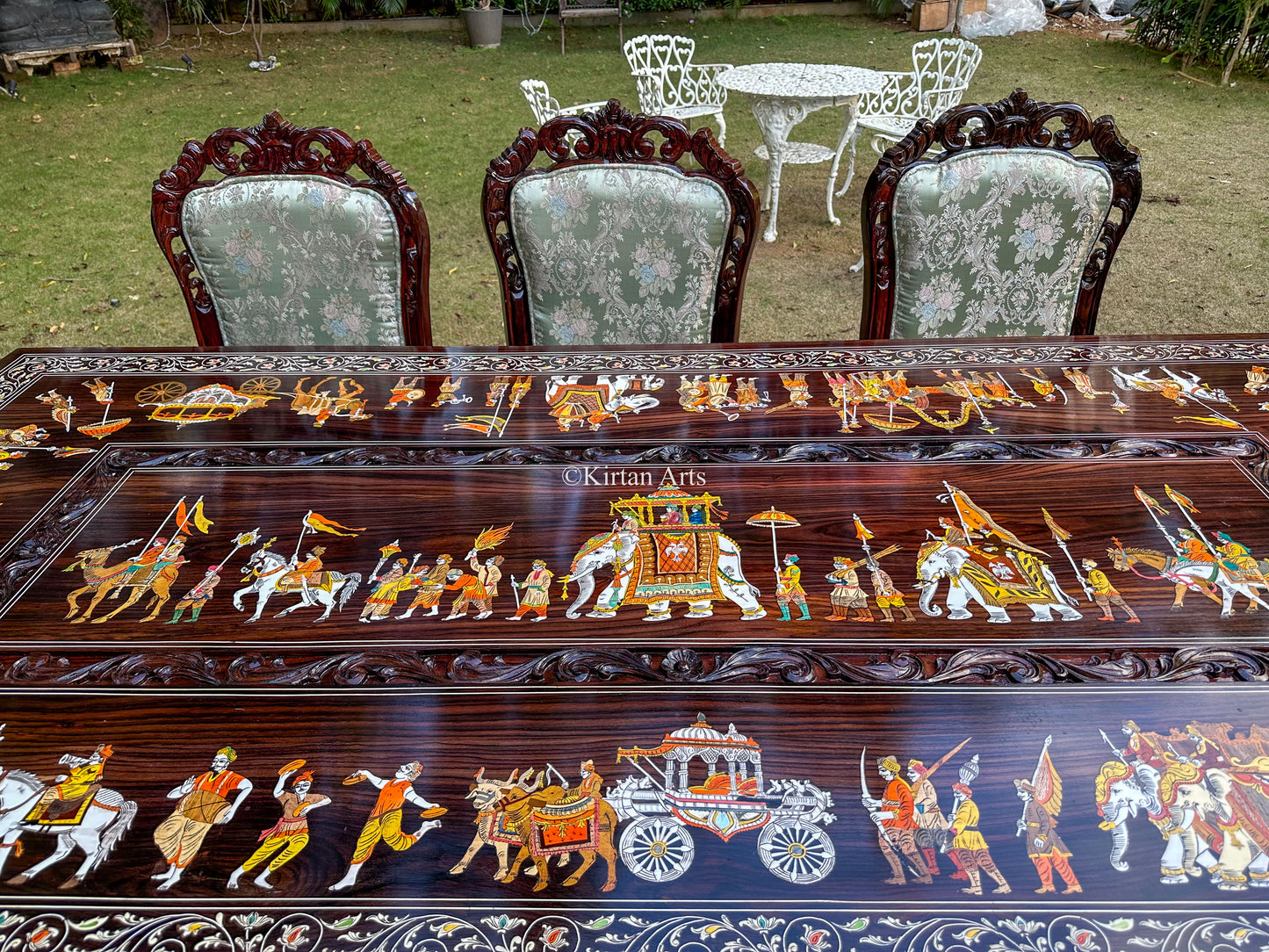 Rosewood Dining Table Set | 8 Seater | Royal Procession Inlay Work | Floral Carvings | 8x4 fft