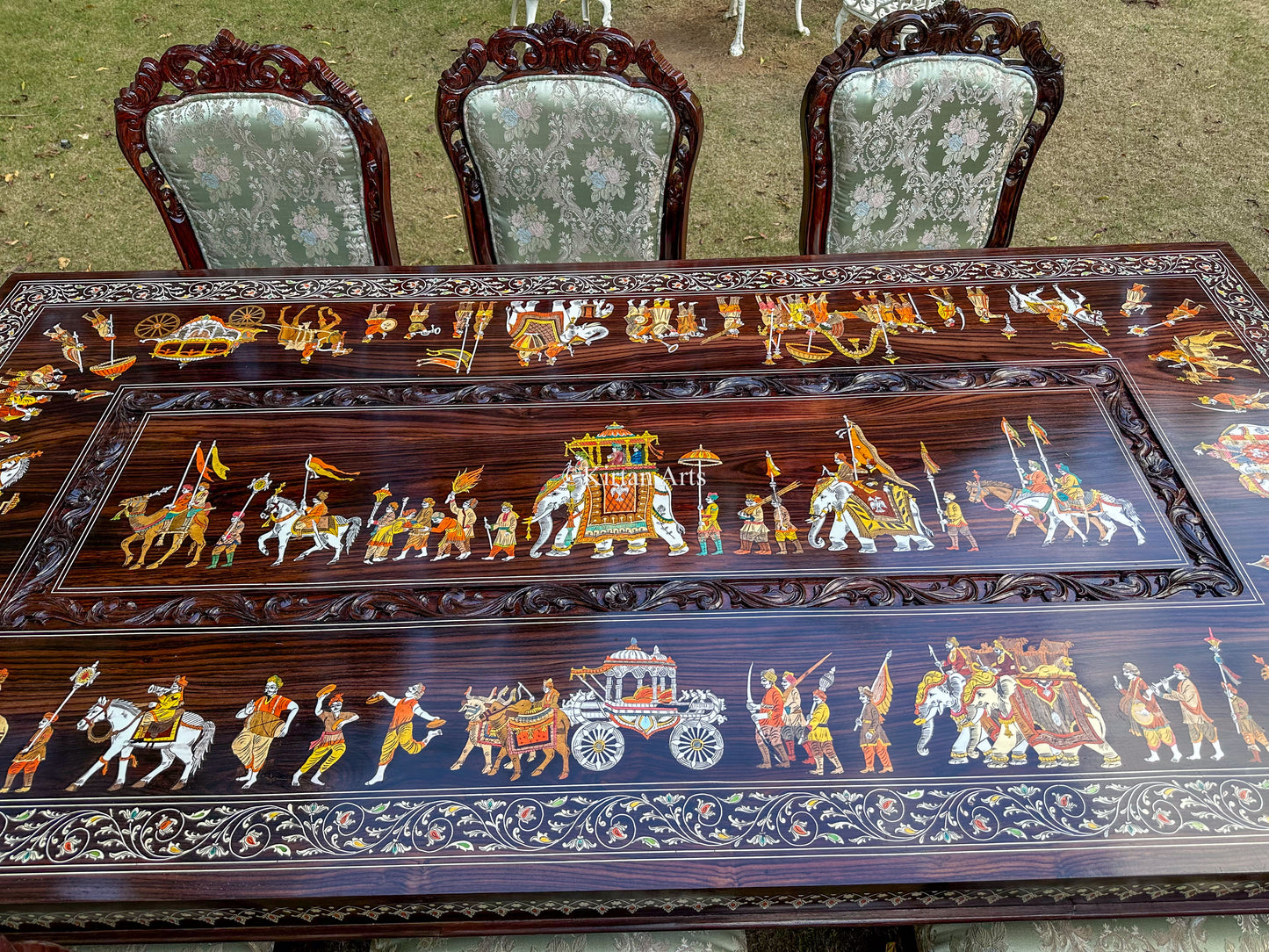 Rosewood Dining Table Set | 8 Seater | Royal Procession Inlay Work | Floral Carvings | 8x4 fft