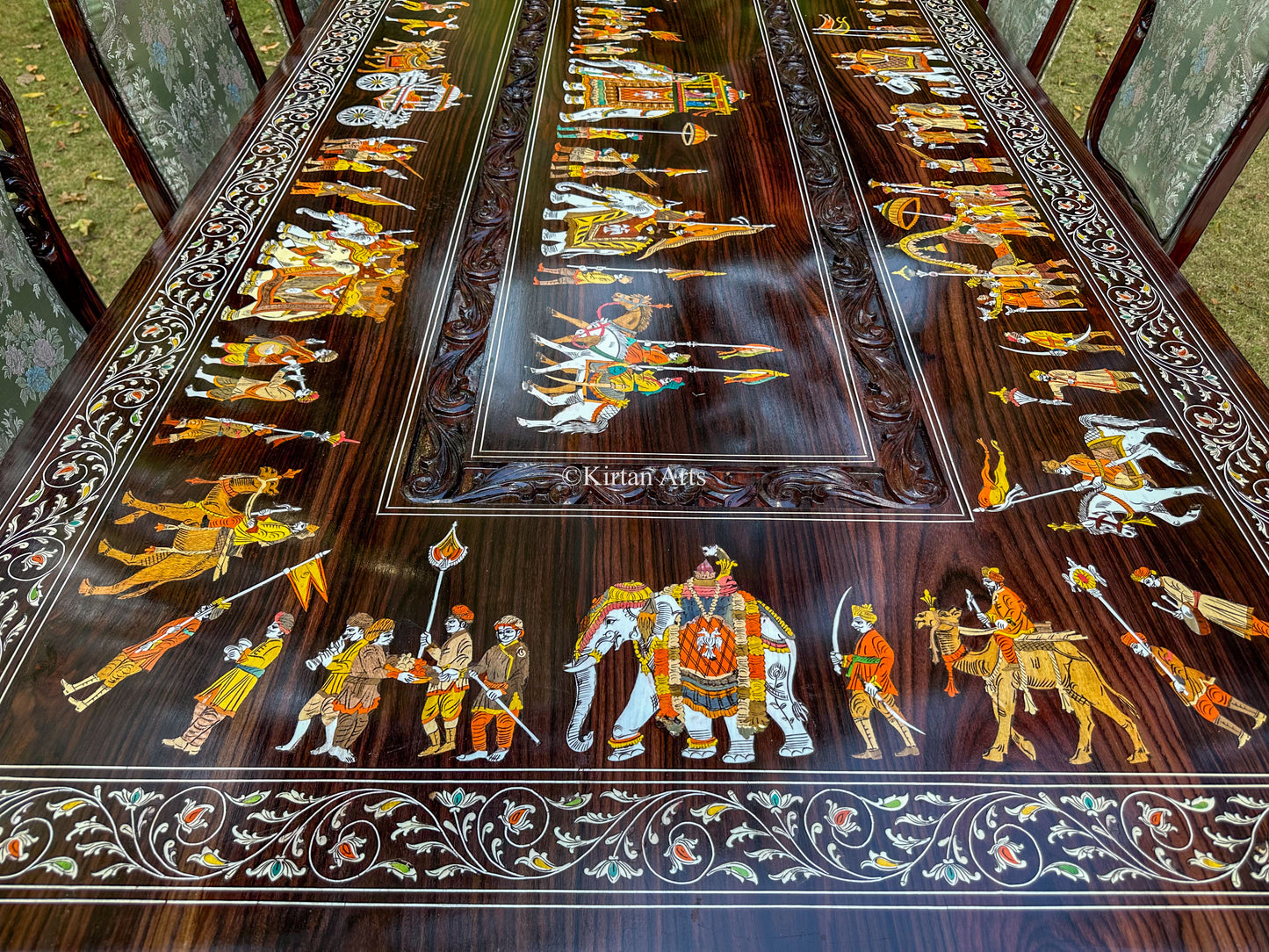 Rosewood Dining Table Set | 8 Seater | Royal Procession Inlay Work | Floral Carvings | 8x4 fft