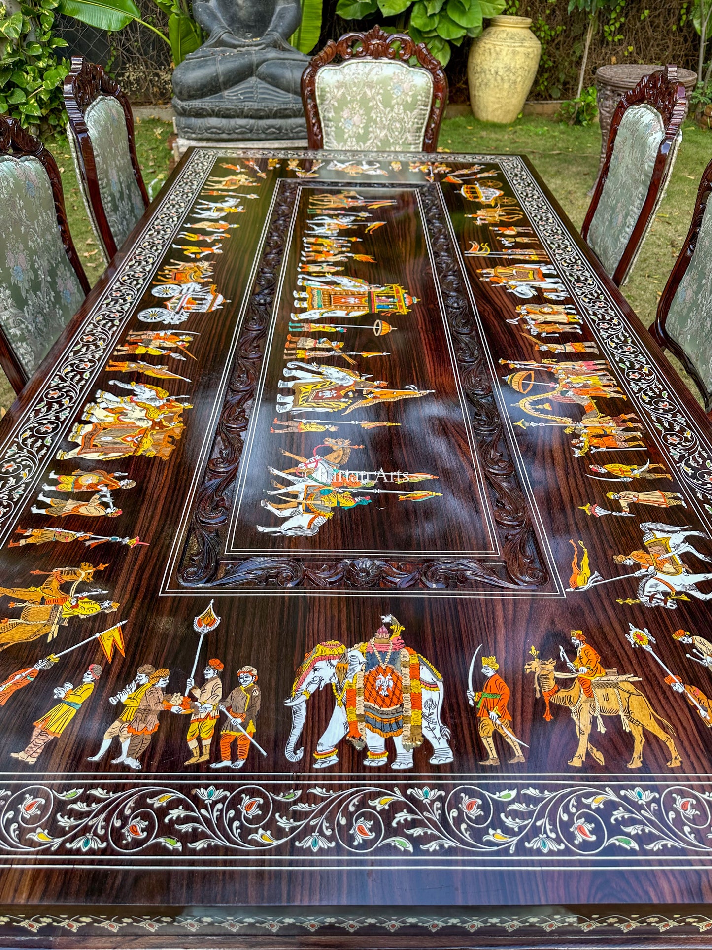 Rosewood Dining Table Set | 8 Seater | Royal Procession Inlay Work | Floral Carvings | 8x4 fft