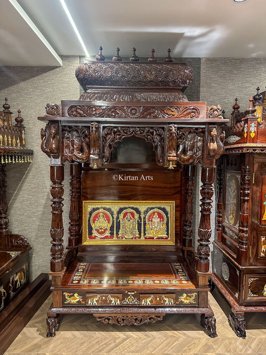 Rosewood Carved Puja Mandir | Yali and Peacock Carvings | 4ft