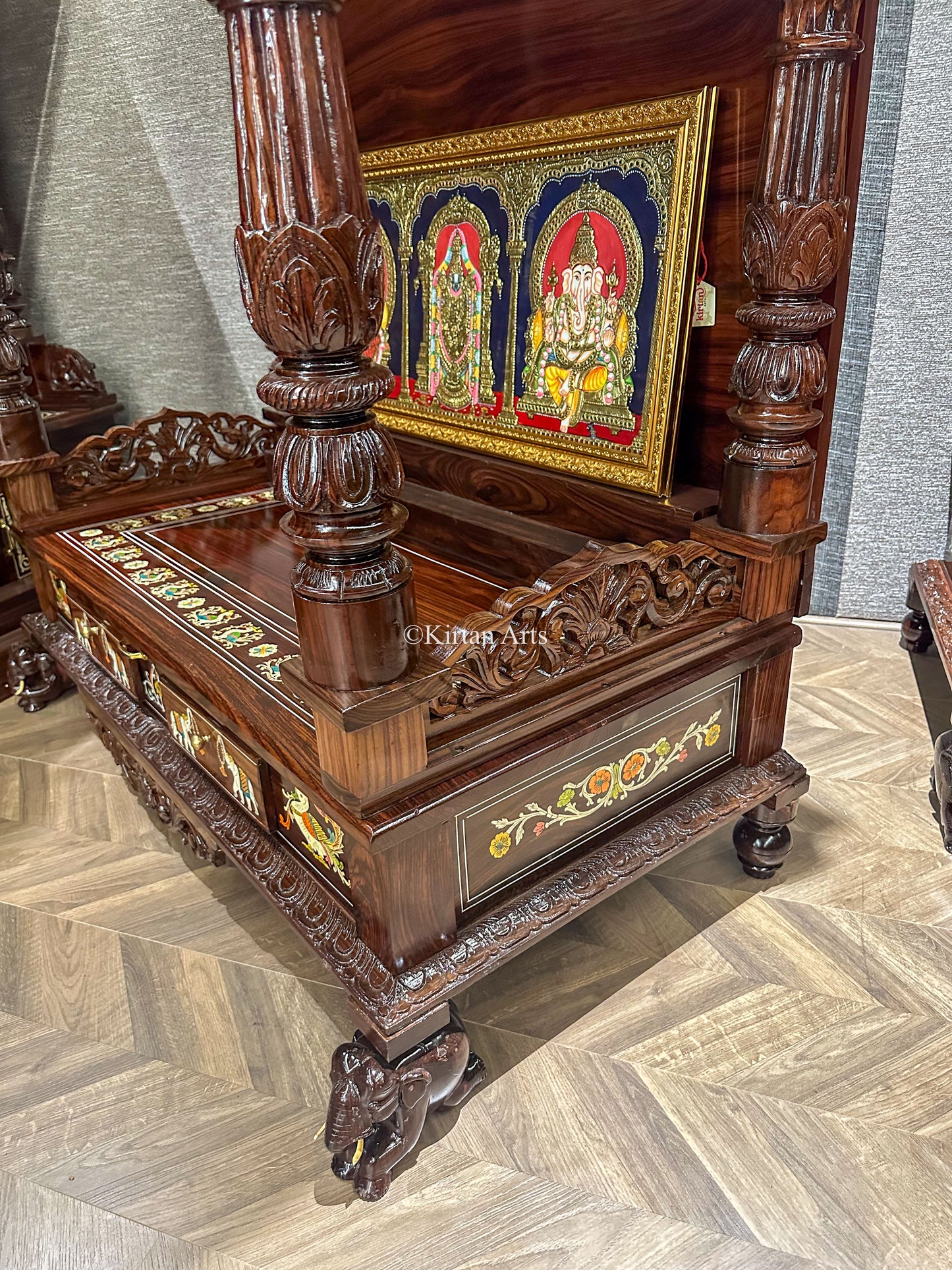 Rosewood Carved Puja Mandir | Yali and Peacock Carvings | 4ft