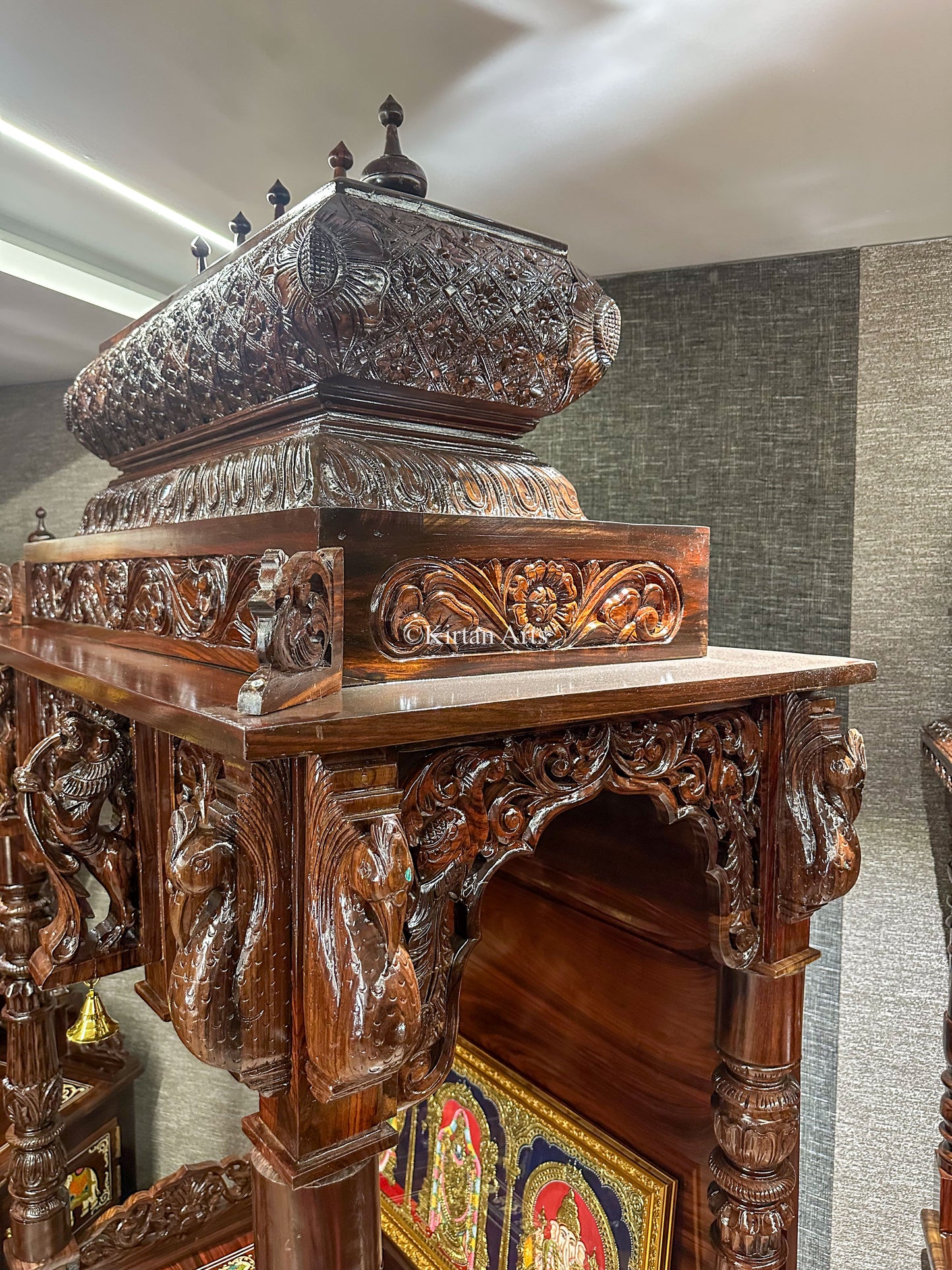Rosewood Carved Puja Mandir | Yali and Peacock Carvings | 4ft