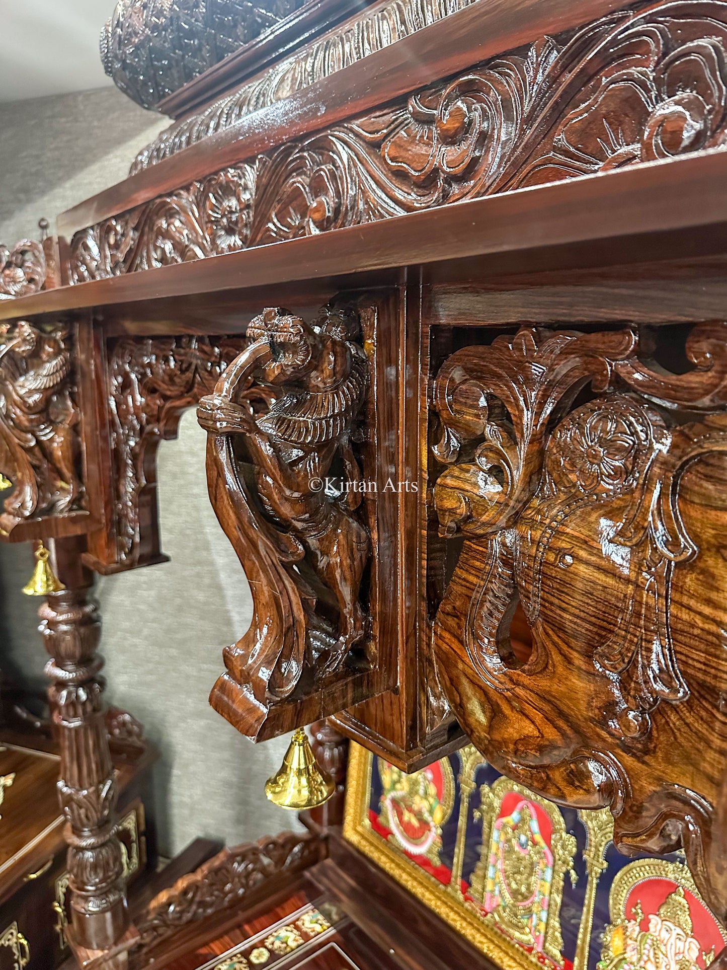 Rosewood Carved Puja Mandir | Yali and Peacock Carvings | 4ft