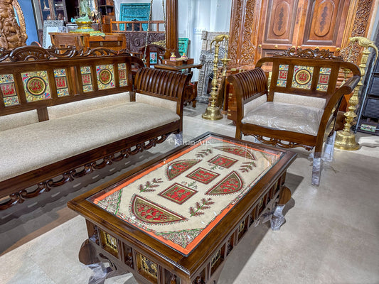 Teakwood Art Sofa Set (3+1+1+Center Table) | Walnut Finish | Alpa