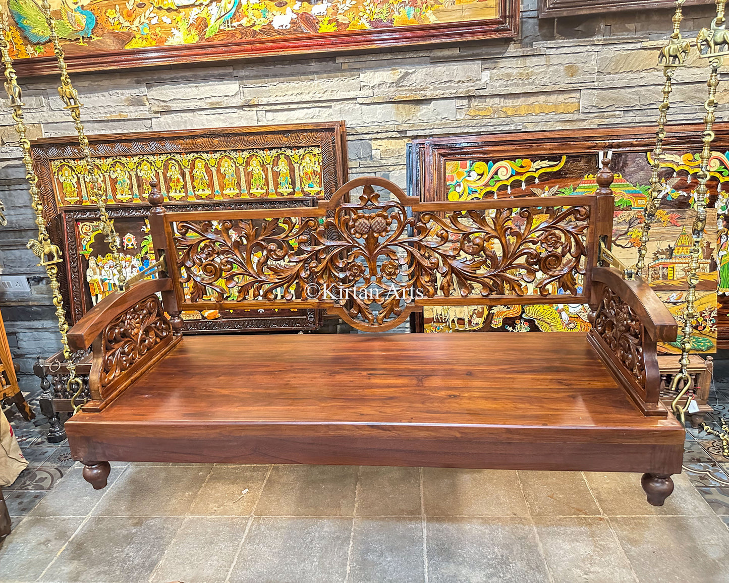 Handcarved Teakwood Swing/Jhula/ Oonjal | Reversible Backrest | 5x2 ft | Intricate Carving