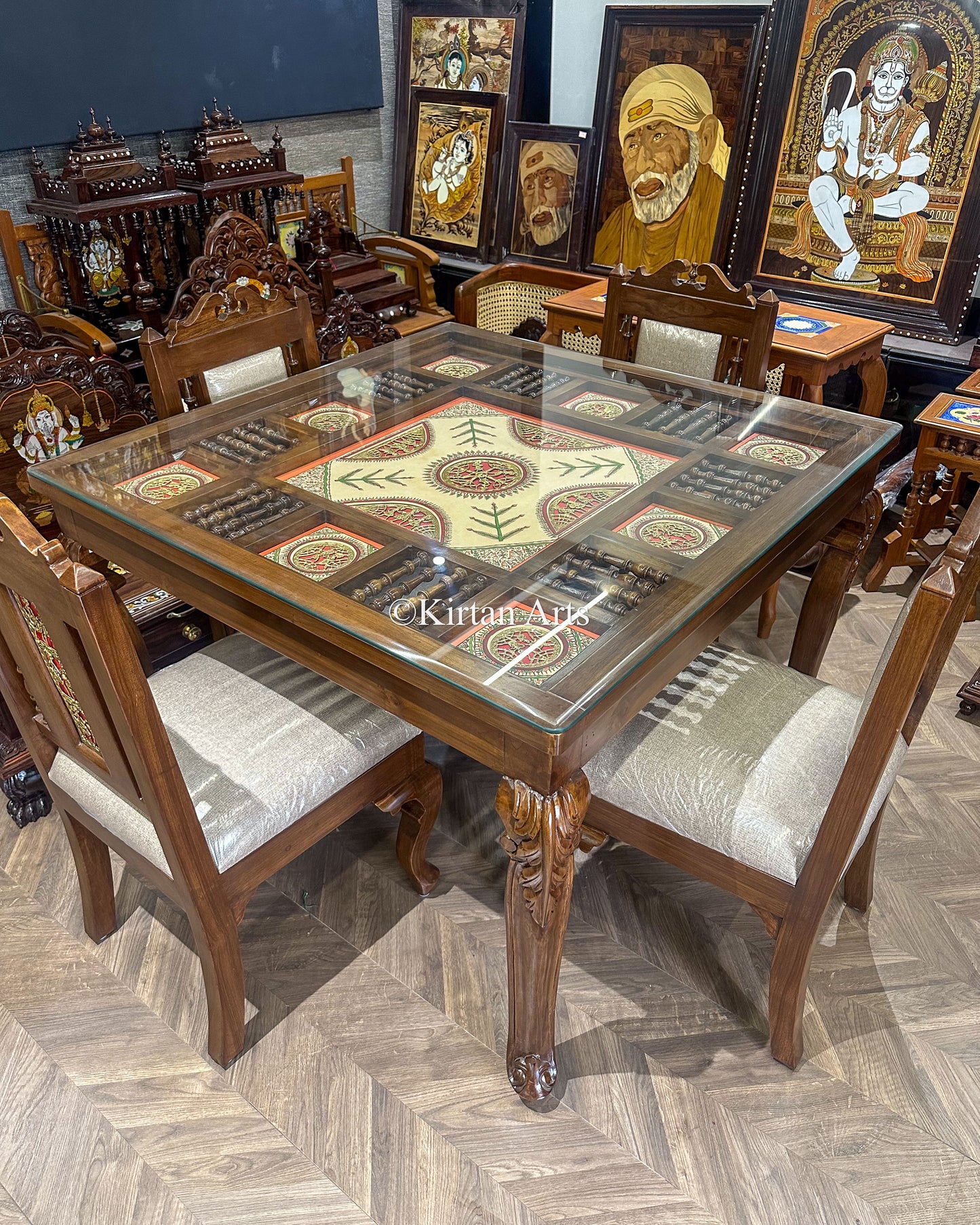 Teakwood 4 Seater Dining Set | Walnut Finish | 42x42x30 Inches | Artwork | Aurum