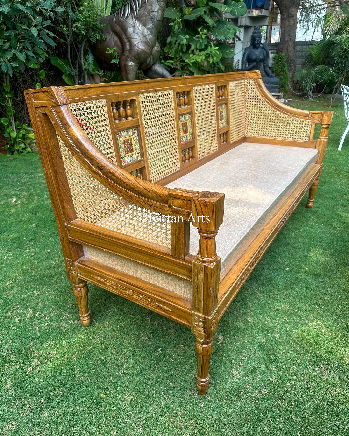 Teakwood Rattan Sofa Set | Dhokra Artwork | 3+1+1 | Orchid