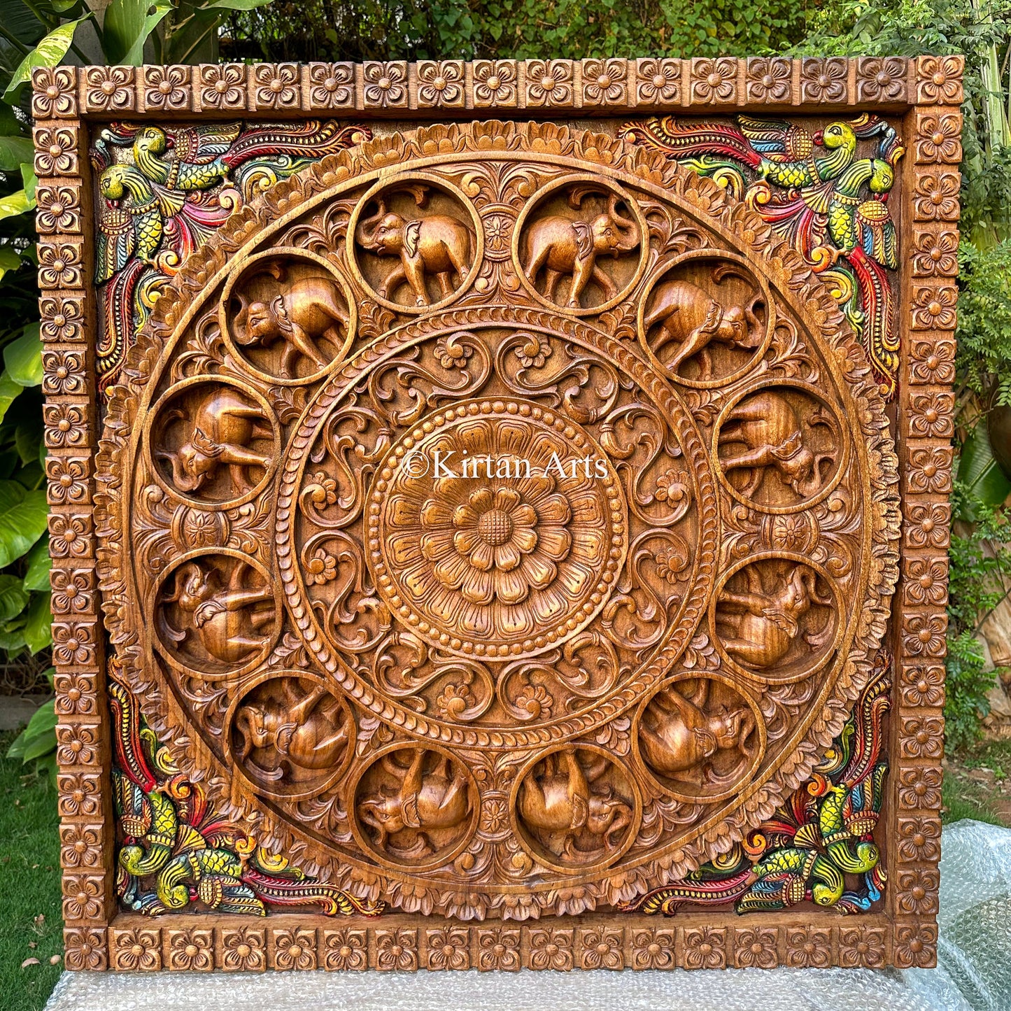 40"x40" Handcarved Wooden Gaja Mandala Panel