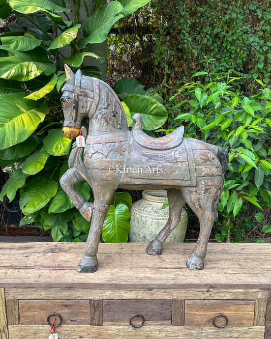Antique Hand-Carved Wooden Standing Horse | Distress Finish