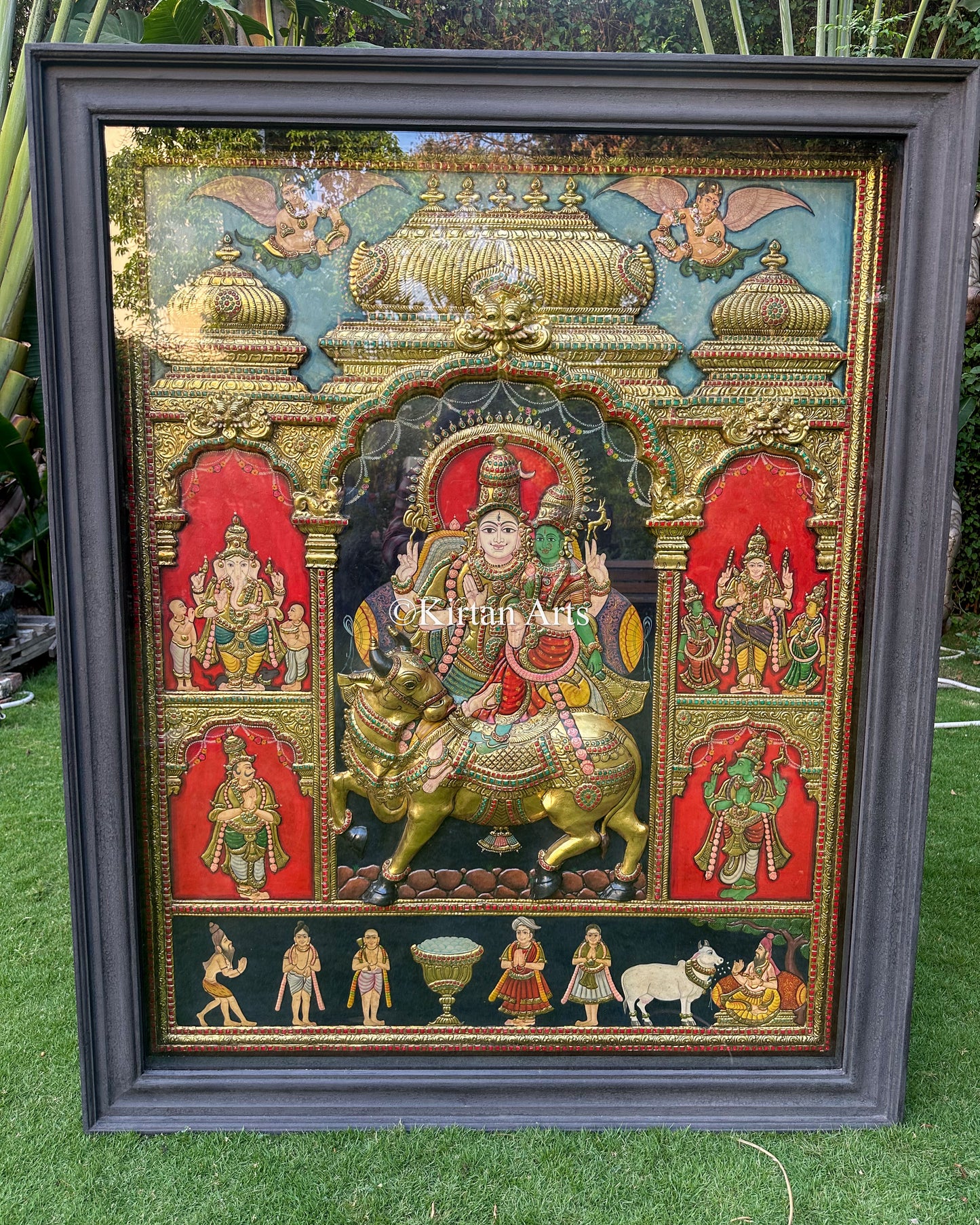 Lord Shiva Pradosham Tanjore Painting | 5.5x4.5 ft | Antique Finish | 3D Embossed Masterpiece