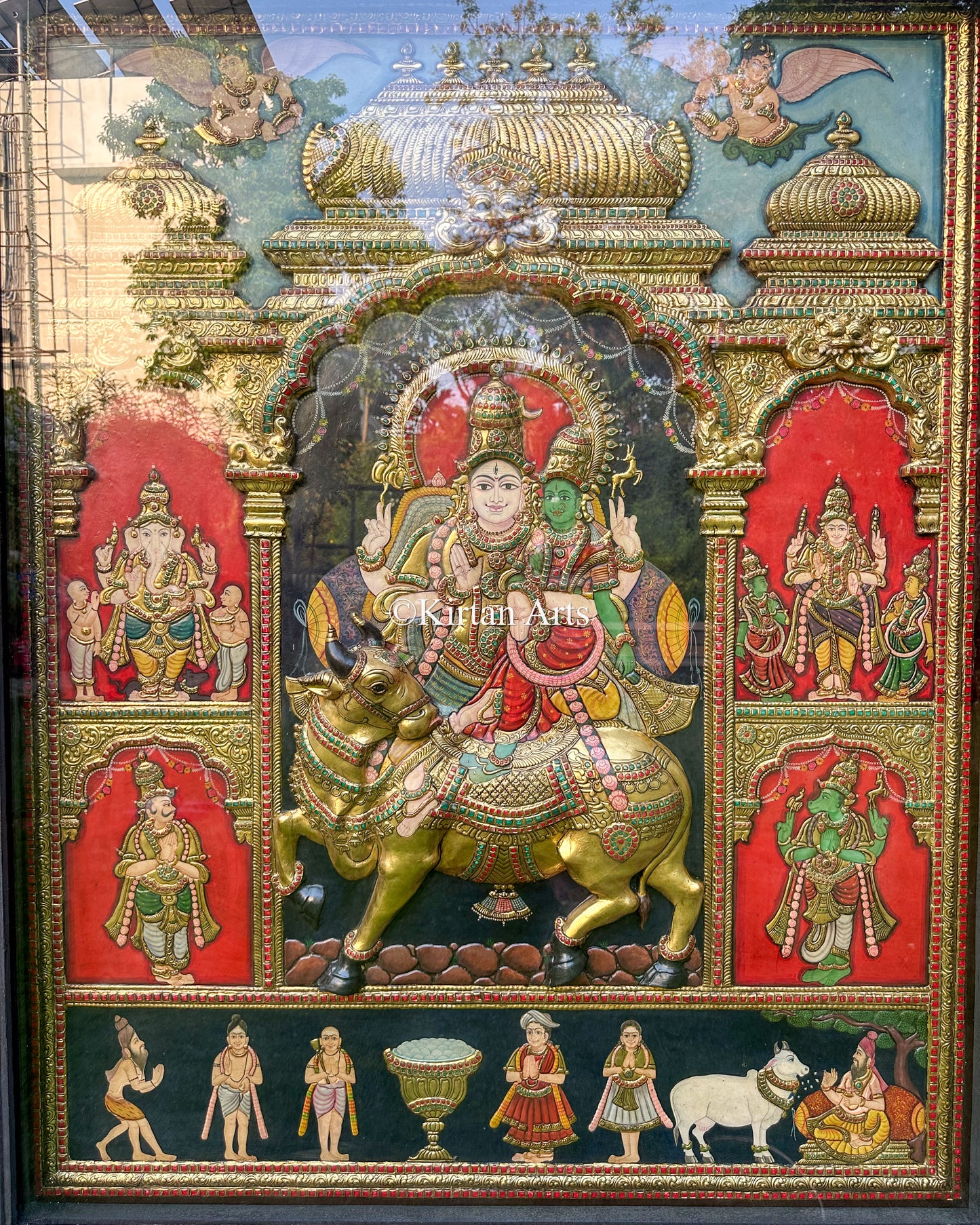Lord Shiva Pradosham Tanjore Painting | 5.5x4.5 ft | Antique Finish | 3D Embossed Masterpiece